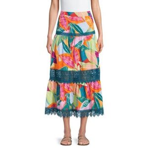 Tropical Skirt Floral Tiered Maxi Lace Trim M Medium New